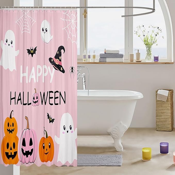 Cute Ghost Pumpkin Pink Bathroom Curtains for Kids Teens Adults,Kids Cartoon Style Shower Curtains,Happy Halloween Bath Curtains with 12 Hooks,Waterproof,72" W x 78" L