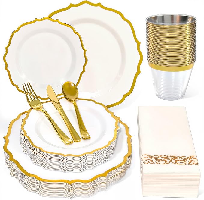 175 Plastic Dinnerware Set Gold Disposable Dinnerware Set for 25 Guests Include 50 Plastic Plates 25 Silverware Set 25 Cups and 25 Napkins for Party Wedding Birthday