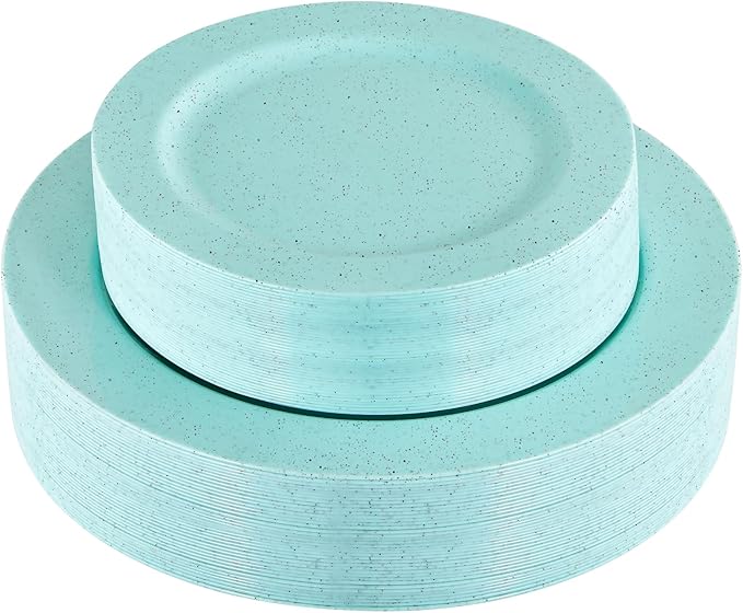 DaYammi 60Pcs Greeen Plastic Plates,Disposable Green Plates With Glitter,Granite Plastic Platos Include 30 Dinner Plate 10.25inch,30 Dessert Plate 7.5inch,Green plastic plates for Party Dinner