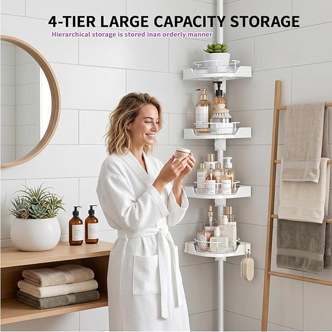 360° Rotating Shower Caddy Tension Pole, 4 Tiers Corner Shower Organizer for Bathroom Shelf Bathtub, Adjustable Standing Shower Rack Bathroom Accessories, Easily Assemble, 34-124 Inch Height, White