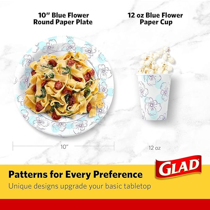 Glad Round Disposable Paper Plates, Blue Flower Design, Heavy Duty Soak Proof Cut Resistant Microwave Safe Plates for Meals, Parties, Picnics, and Events, 10 Inch, 50 Count - 2 Pack