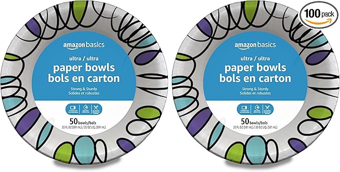 Amazon Basics Ultra Disposable Paper Bowls, 20 Oz, Microwave Safe, Soak Proof, Strong & Sturdy, White, 50 Count (Pack of 2)