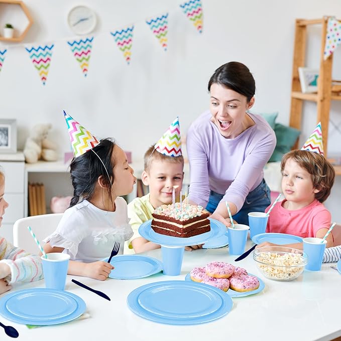 228PCS Light Blue Party Supplies Set Include Paper Plates Cups Paper Napkins Plastic Spoons Forks Knives for 30 Guests Disposable Party Dinnerware for Birthday Wedding Family Picnic