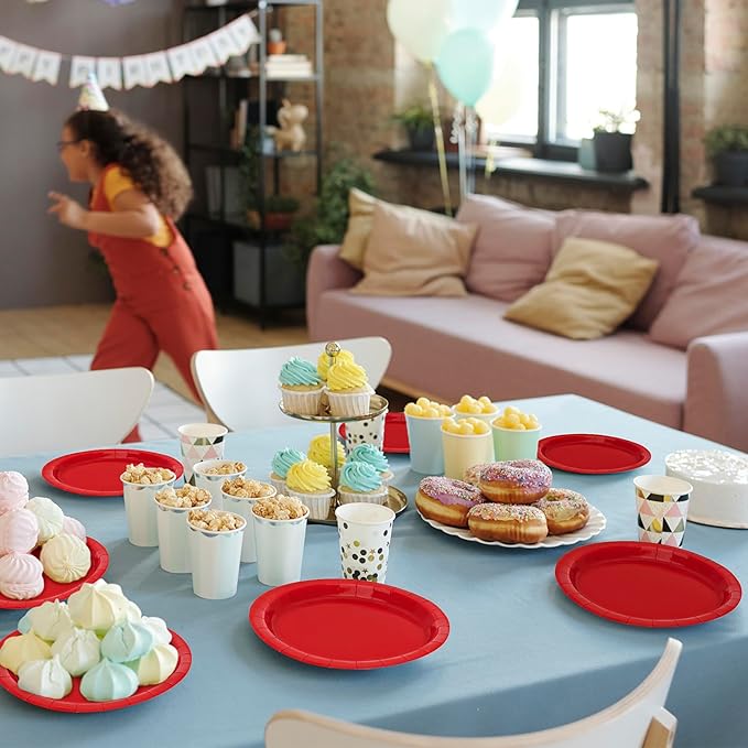 QZYL 50 Pieces Heavy Duty Paper Plates, 7 Inches Red Dessert Plates Disposable, Quality Party Tableware Set, Sturdy Disposable Plates for Wedding Bridal Baby Shower Party Birthday Party Decorations