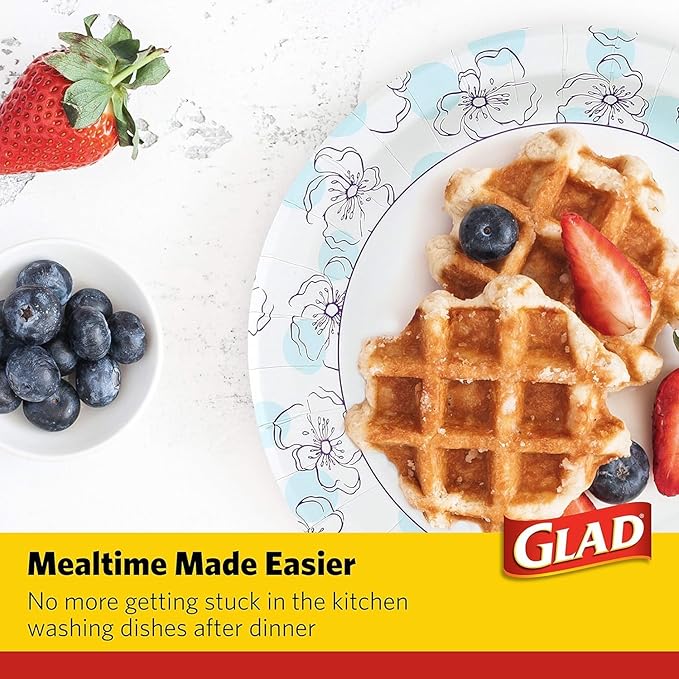 Glad Round Disposable Paper Plates, Blue Flower Design, Heavy Duty Soak Proof Cut Resistant Microwave Safe Plates for Meals, Parties, Picnics, and Events, 10 Inch, 50 Count - 2 Pack