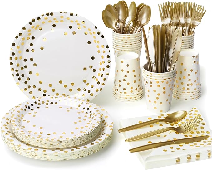 Lzerking Party Supplies Set - 210 Pieces of White and Gold Dot Paper Plates, Cups, Napkins, and Heavy Duty Silverware for 30 Guests for Birthdays, Graduation, Wedding, Festivals