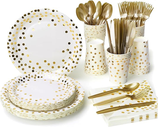 Lzerking Party Supplies Set - 210 Pieces of White and Gold Dot Paper Plates, Cups, Napkins, and Heavy Duty Silverware for 30 Guests for Birthdays, Graduation, Wedding, Festivals