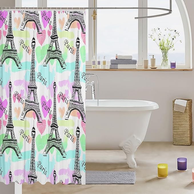 Feelyou Eiffel Tower Shower Curtain for Kids Paris Rainbow Boys Girls Bathroom Shower Curtain Set France Paris Decor Bath Curtain Decor Trip Design Pink Green Kids Bathroom Accessories 72"x84"