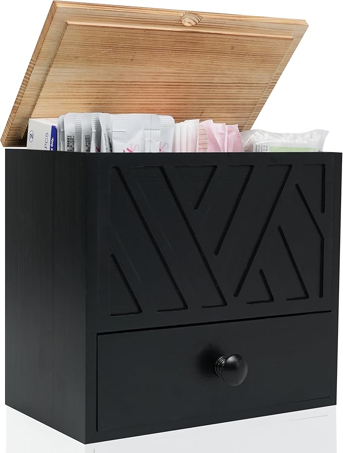 Tampon Holder for Bathroom Decor Feminine Product Organizer With Lid & Drawer Shark Week Box Girl Stuff (1, BLACK)