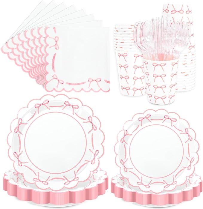 JarThenaAMCS 175Pcs Pink Bow Party Supplies Kit Scalloped Bowknot Tableware Set Disposable Dinnerware Paper Napkin Plate Cup Spoon Fork Knife for 25 Guests Party Favor