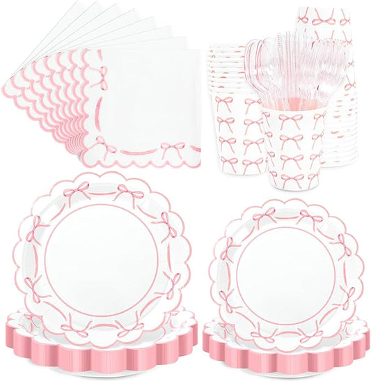 JarThenaAMCS 175Pcs Pink Bow Party Supplies Kit Scalloped Bowknot Tableware Set Disposable Dinnerware Paper Napkin Plate Cup Spoon Fork Knife for 25 Guests Party Favor