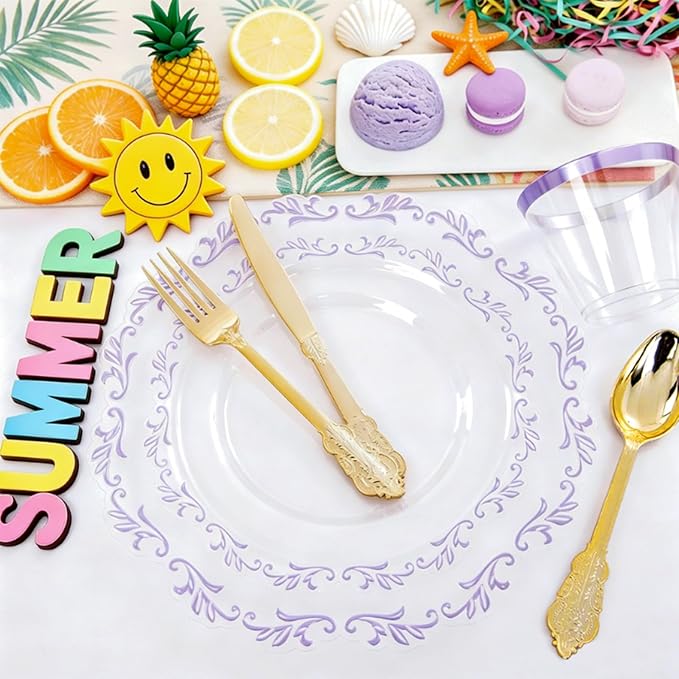 PULOTE 175PCS Purple Plastic Plates - Clear Plastic with Purple Rim - Include 25 Each (Dinner & Dessert) Plates, 25 Guests Cutlery, 25 Cups, 25 Napkins for Party & Spring