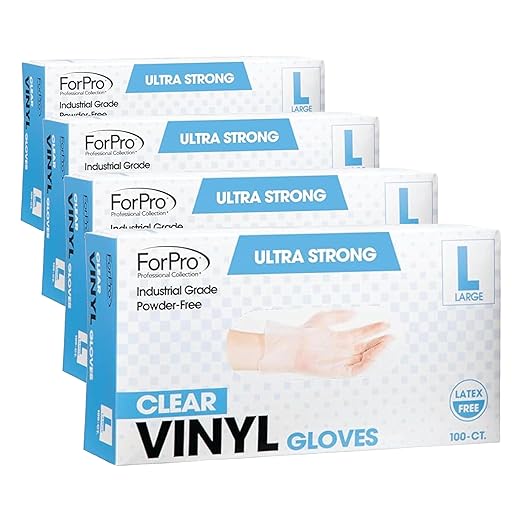 ForPro Professional Collection Disposable Vinyl Gloves, Clear, Industrial Grade, Powder-Free, Latex-Free, Non-Sterile, Food Safe, 2.75 Mil. Palm, 3.9 Mil. Fingers, Large, 100-Count (Pack of 400)