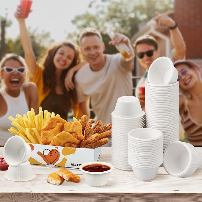 LeonBach 100 Pack Natural Bagasse Fiber Bowls 2oz Disposable Paper Cups Microwavable Safe Sample Snack Charcuterie Serving Cups Disposable Ramekins for Sauce Portion Condiment Ice Cream, White