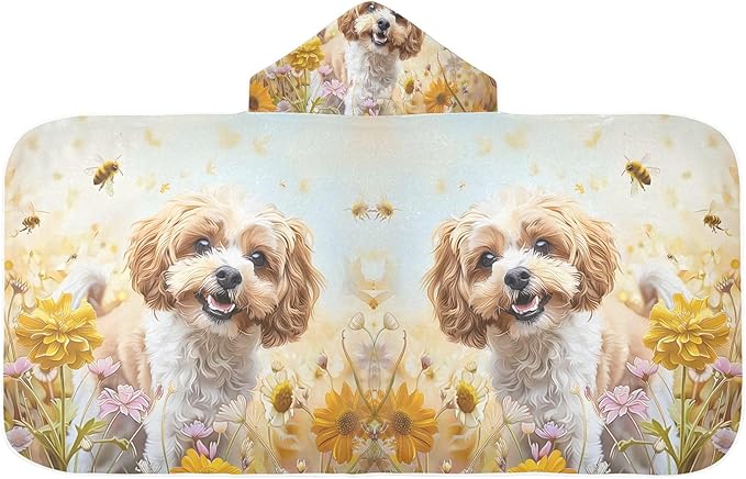Hooded Towel for Kids Cockapoo Dog Standing in The Flowers Beach Wrap Bath Towels 50x23.5in