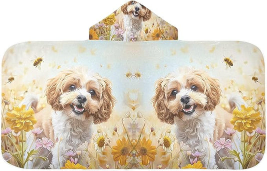 Hooded Towel for Kids Cockapoo Dog Standing in The Flowers Beach Wrap Bath Towels 50x23.5in
