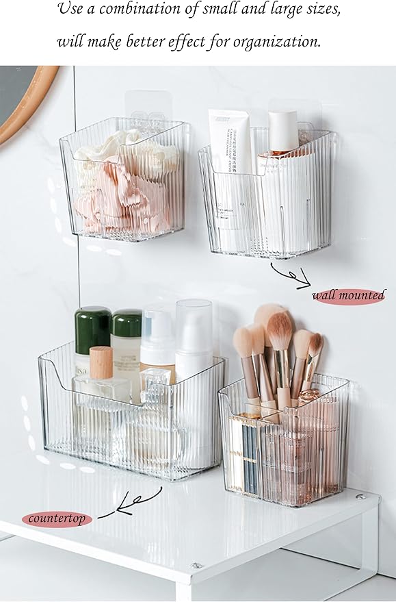 Set Of 2 Storage Organizer Bins Wall Mounted Shower Caddy, Bathroom shelves Stackable Clear Plastic Toothbrush Holder Adhesive Hanging Bin for Bathroom, Kitchen, Cabinet, Shower BPA Free Small (Green)
