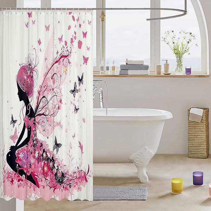 Decorative Butterfly Wings Shower Curtain Waterproof Polyester Fabric,Pink Flowers Bath Curtain Home Bathroom Decor Hanging Curtain with Hooks 72 x 78 Inch,Machine Washable