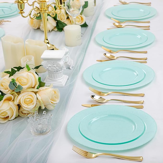 DaYammi 60Pcs Greeen Plastic Plates,Disposable Green Plates With Glitter,Granite Plastic Platos Include 30 Dinner Plate 10.25inch,30 Dessert Plate 7.5inch,Green plastic plates for Party Dinner