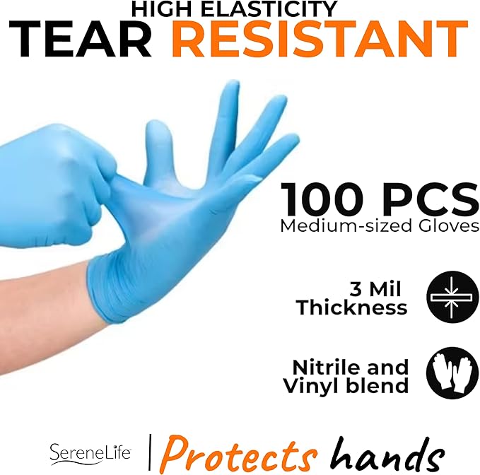 Serenelife Soft Industrial Gloves, Nitrile and Vinyl Gloves, Powder-Free, Textured Grip, Ideal for Cleaning, Food Service, Automotive, Household Work