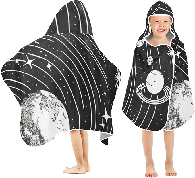 Hooded Towel for Kids Black and White Drawing of The Solar System Beach Wrap Bath Towels 50x23.5in