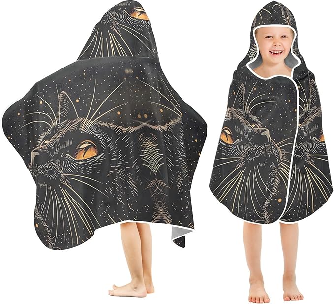 Hooded Towel for Kids Black Cat Looking Up Sky Beach Wrap Bath Towels 50x23.5in