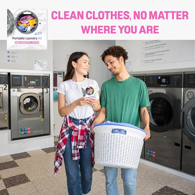 Portable Laundry Kit – Travel Clothes Cleaning Essentials with Liquid Detergent, Stain Remover Wipe, Dryer Sheet & Laundry Bag – Bulk Supply for Motels, Camping & Charities (3 Packs)