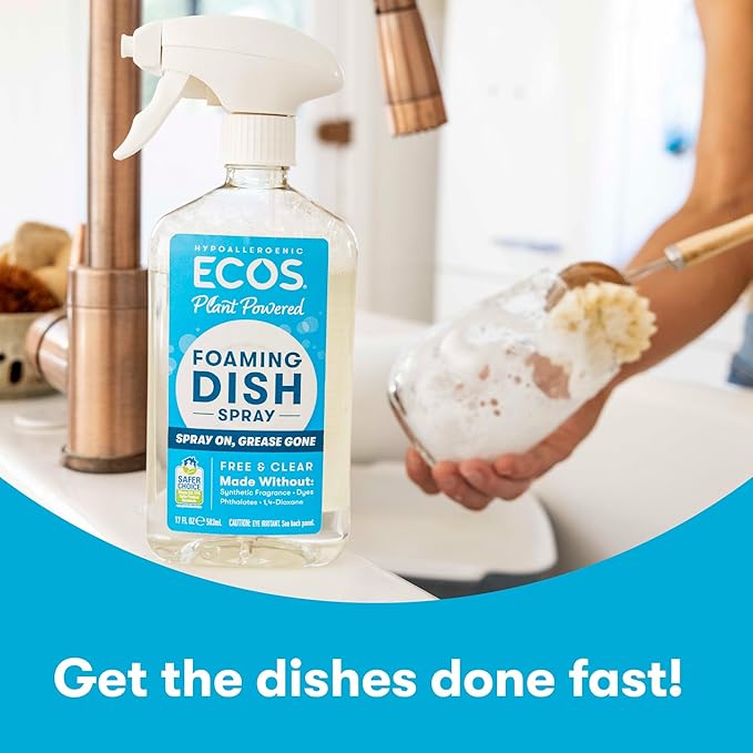 ECOS Foaming Dish Soap, Powerful Spray-On Formula, Saves Water, Wipe & Rinse Dish Cleaner - Hypoallergenic - Free & Clear, 17 Fl Oz (Pack of 4)