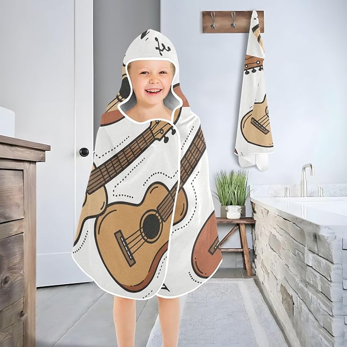 SUABO Kids' Bath Towels Music Guitars Ukuleles Hooded Towels for Boys Girls,Toddler Towels Multi-Purpose for Beach,Pool and Bathroom,23.5" x 50", Soft and Highly Absorbent