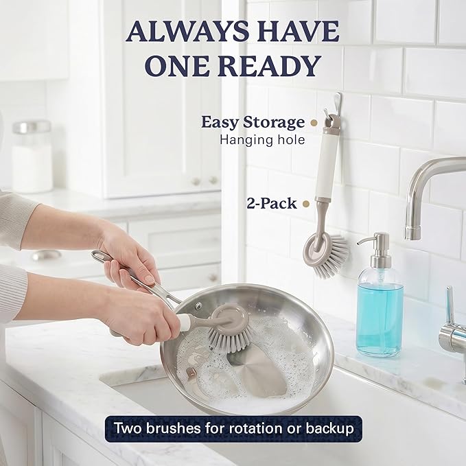 Farberware Dish Brush with Handle – 2 Pack Kitchen Scrub Brush for Dishes, Non-Scratch Dishwashing Brush Set with Firm Bristles for Pots, Pans, & Sink, Soft Grip Handles for Everyday Cleaning