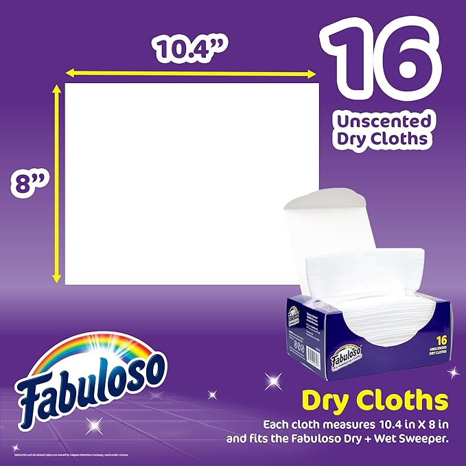 Fabuloso Dry Cloths Sweeping Pads, 16 Count, Disposable Dry Cloths for Use with Fabuloso Dry and Wet Sweeper, Traps and Locks Dirt, Dust, and Hair, 10.4 x 8 Inches Each