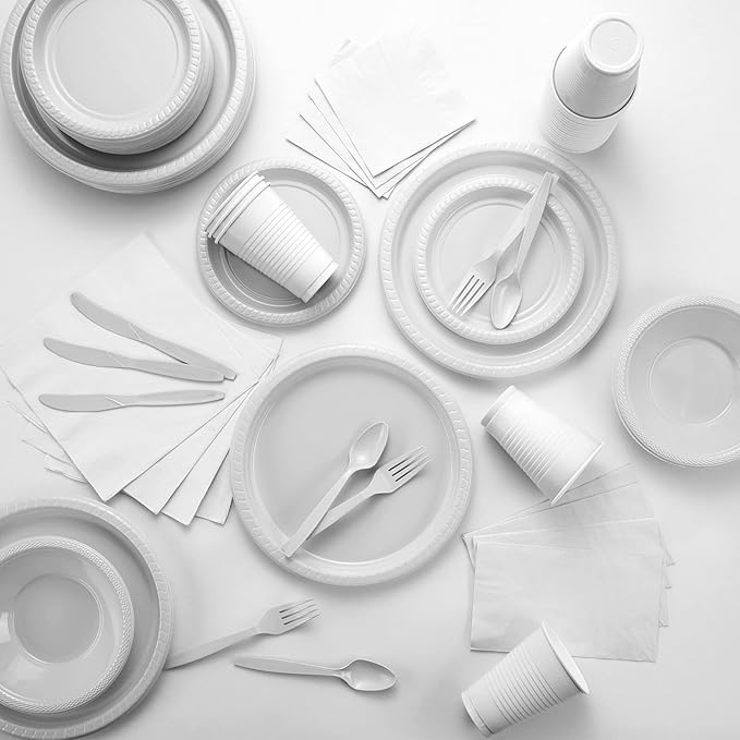 Amcrate Disposable White Plastic Dinner Plates, 10.4 Inches, Strong and Sturdy for Party, Holiday, Picnic, or Travel, Pack of 50