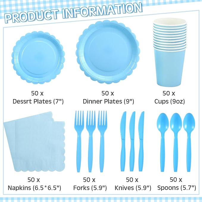 Ziliny 350 Pcs Baby Blue Plates and Napkins, 50 Guest Spring Party Supplies Include Scalloped Paper Plates Napkins Cups Plastic Spoons Forks Knives Disposable Tableware Set for Baby Shower