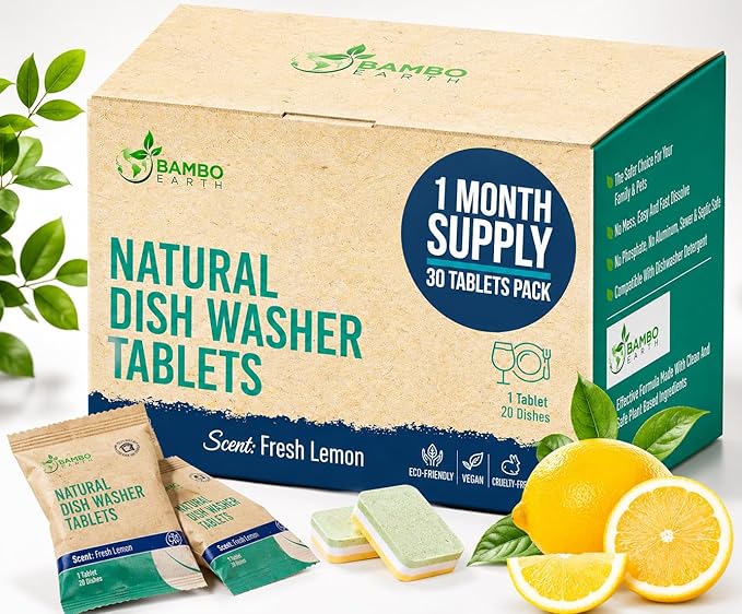 Natural Dishwasher Detergent Tablets - Plant Based Alternative Refill Pack Dishwashing Tabs - Eco-Friendly And Plastic Free Way To Cleaner Dishes - 30/60/90 Refills Dish Washer Soap Pods (30 Pack)