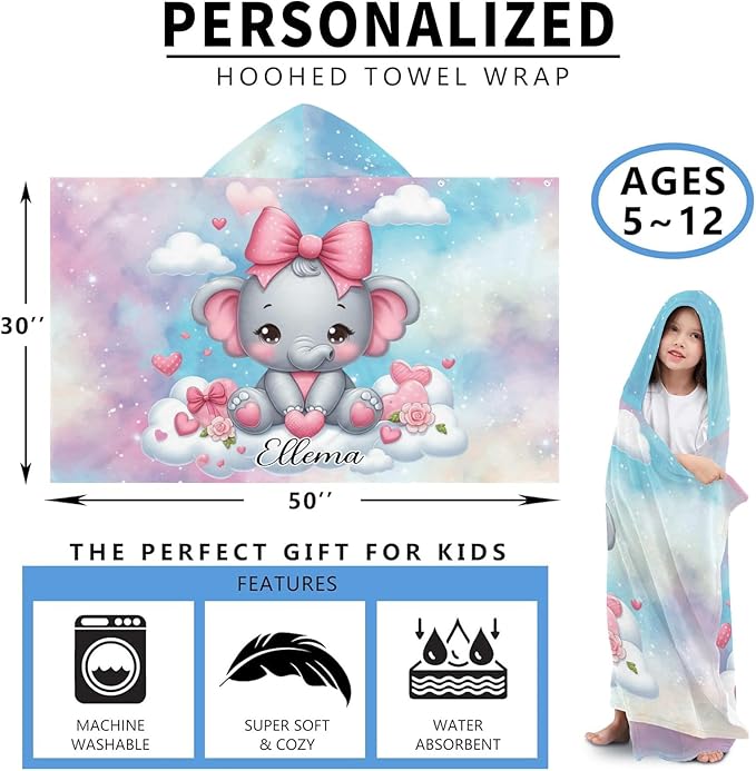 Galaxy Pink Elephant Personalized Kids Hooded Towel with Name Soft Absorbent Beach Pool Bath Towels Hood Poncho for Boys Girls