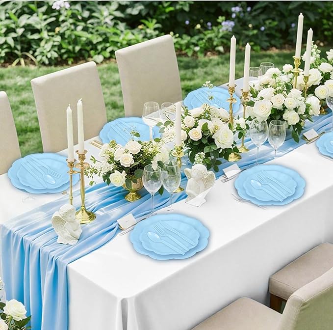 NatNarr 350 Pcs Light Blue Paper Plates and Napkins Set Include 9" Dinner Plates, 7" Dessert Plate Disposable Scalloped Tableware Serve 50 Guest for Wedding Boy Baby Shower Bridal Shower Birthday