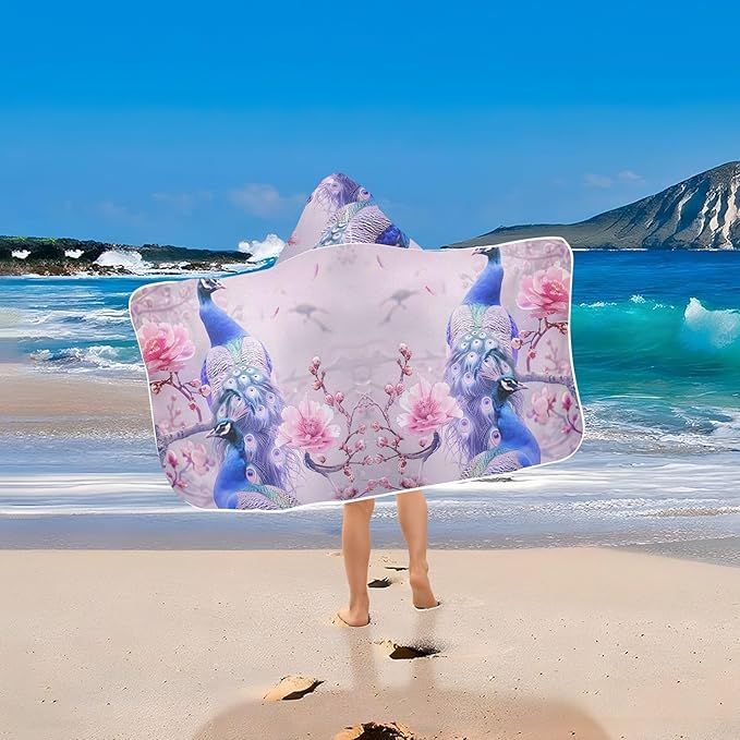 Hooded Towel for Kids A Pair of Pale Blue Peacocks Beach Wrap Bath Towels 50x23.5in