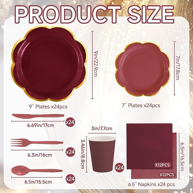 168Pcs Burgundy Paper Plates and Napkins Party Supplies, Maroon Scalloped Plates with Gold Rim, Burgundy Disposable Plates Set for Women Girls Birthday Weddings Bridal Shower Graduation Party Decor