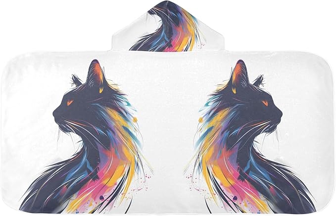 Hooded Towel for Kids Watercolor Colored Cat Beach Wrap Bath Towels 50x23.5in