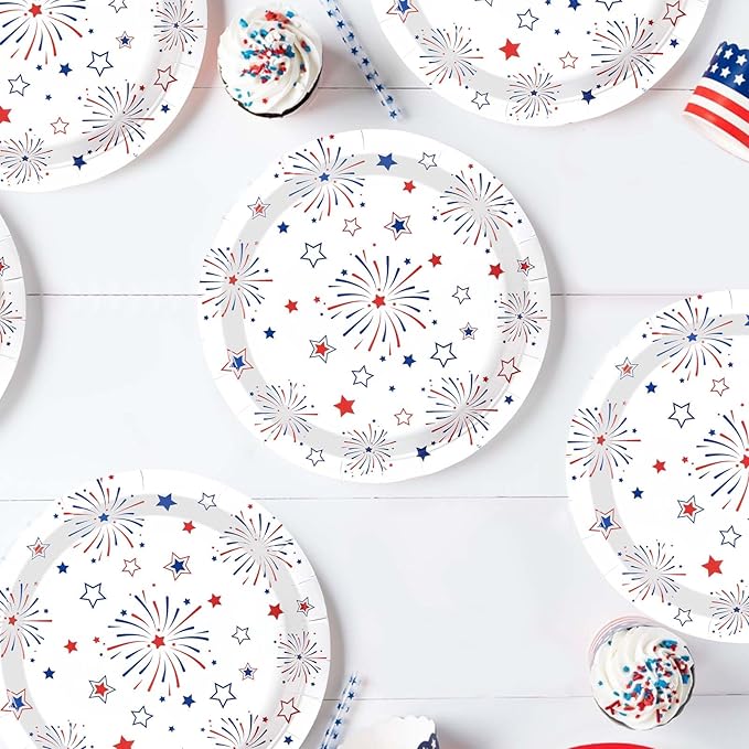 50 Pcs 4th of July Paper Plates 10" Large Stars Fireworks Decorative Plate Heavy Duty Disposable American Flag Plates Patriotic Platters for 250th Anniversary Independence Day Party Decorations