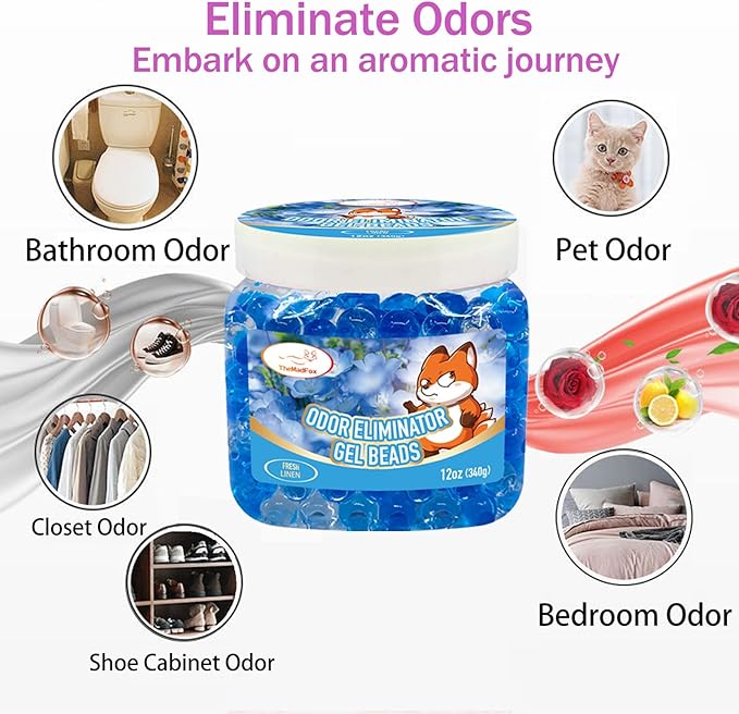 6 Pack Odor Eliminator Gel Beads, 12 oz, Air Freshener Beads for Home & Car, Pet Odor Eliminator Odors for Bathroom, Closet, Pet Area & RVs, Long-Lasting Natural Fresh Linen