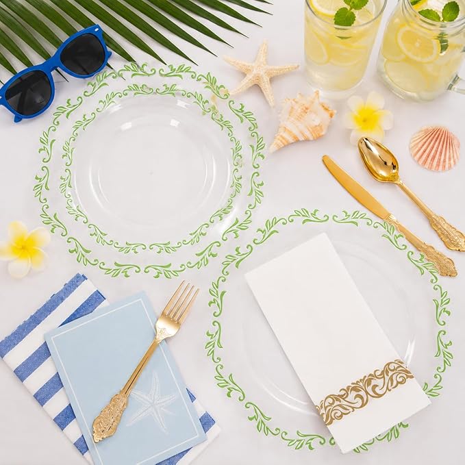PULOTE 175PCS Green Plastic Plates - Clear Plastic with Green Rim Disposable - Include 25 Each (Dinner & Dessert) Plates, 75 Cutlery, 25 Cups, 25 Napkins, Idea for Wedding&Party
