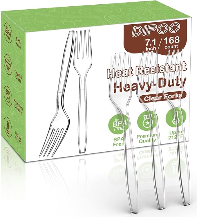 Dipoo 7.1" Clear Plastic Forks Heavy Duty with Heat Resistant & BPA Free, Solid and Durable Plastic Cutlery, Premium Disposable Forks for Party Supply(168 Count)