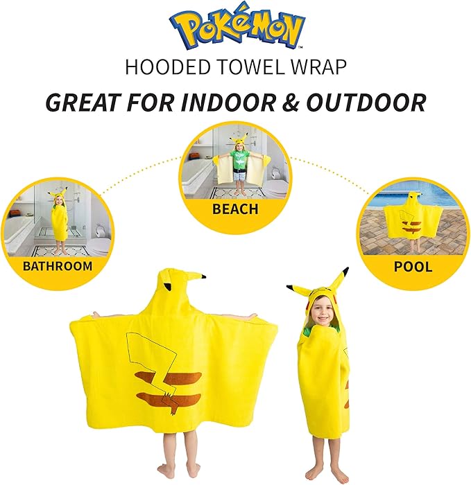 Pokemon Pikachu Bath and Beach Soft Cotton Terry Hooded Towel Wrap, 24" x 50", (Officially Licensed Product) by Franco