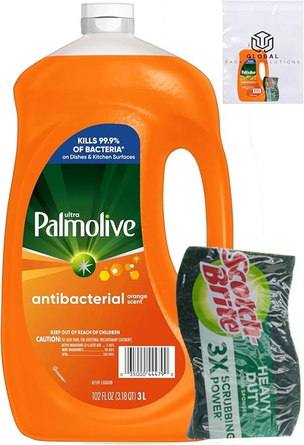 Ultra Palmolive Antibacterial Dishwashing Liquid Dish Soap Orange Scent, Refill 102 Fl. Oz. Kills 99.9% of Bacteria, bundled with Heavy Duty Scotch Brite Sponge