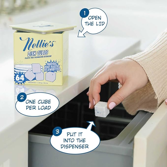 Nellie’s Dish Cubes – 64 Loads Dishwasher Detergent – Concentrated Formula – Plastic-Free Formula (PVA-Free) – Tin Packaging – Powerful Cleaning for Grease & Grime – Made in Canada