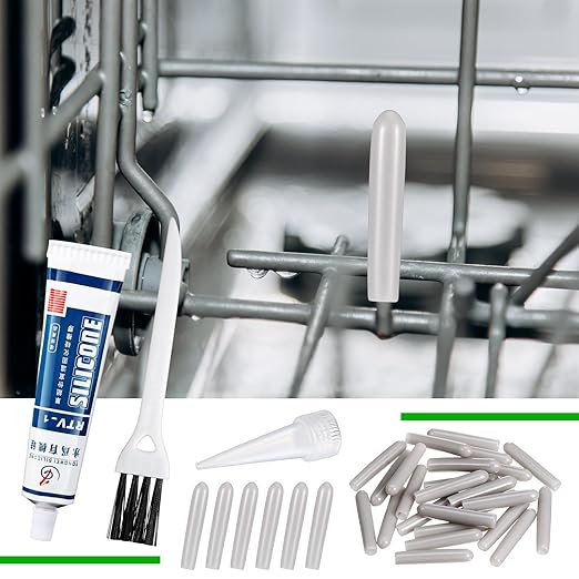 Baderke 1 Bottle 1.7 oz Dishwasher Rack Coating/Glue with 25 Gray Caps and 1 Brush Dishwasher Rack Repair Coating