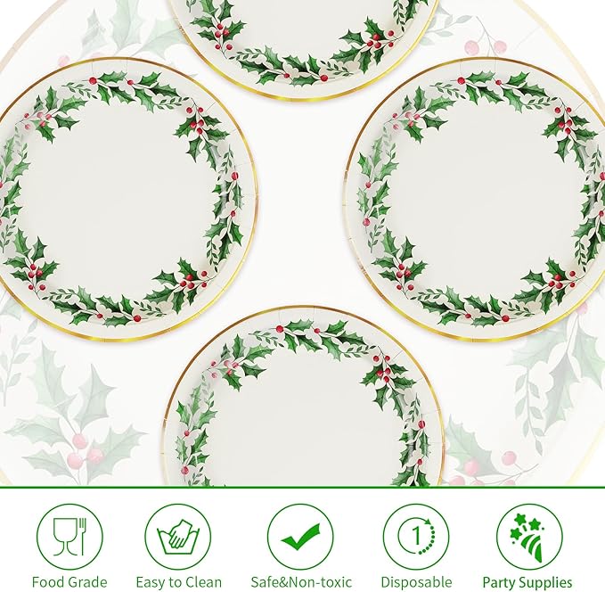 50 Pcs Christmas Round Plates 10" Large Disposable 400 GSM Heavy Duty Holly Leaf Paper Plates Gold Foil Dessert Plates Merry Christmas Birthday Party Decorations for Festive Xmas Theme Party Supplies