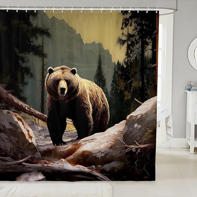 Feelyou Kids Cabin Bear Shower Curtain Farmhouse Bear Animal Bath Curtain for Teens Decor Smoky Mountain Bathroom Shower Curtain Set Black Brown Kids Bathroom Accessories 72"x78"