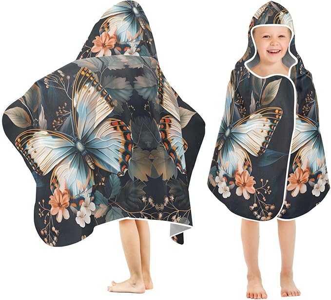 Hooded Towel for Kids Butterfly Surrounded by Floating Spring Leaves Beach Wrap Bath Towels 50x23.5in